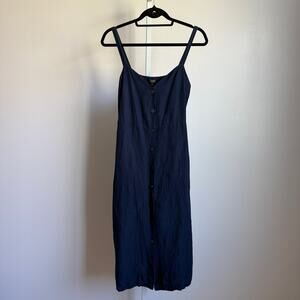 Lucky Brand sz S Navy Cotton Midi Dress‎ Button Front Pockets Straps Casual
